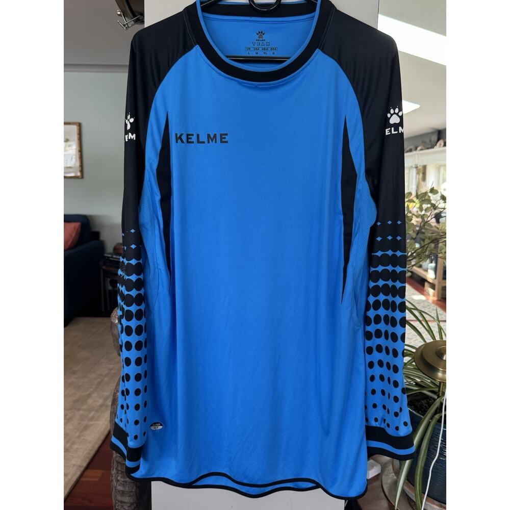 Kelme cycling knit Jersey Mens Med Blue w black polka dots padded elbows